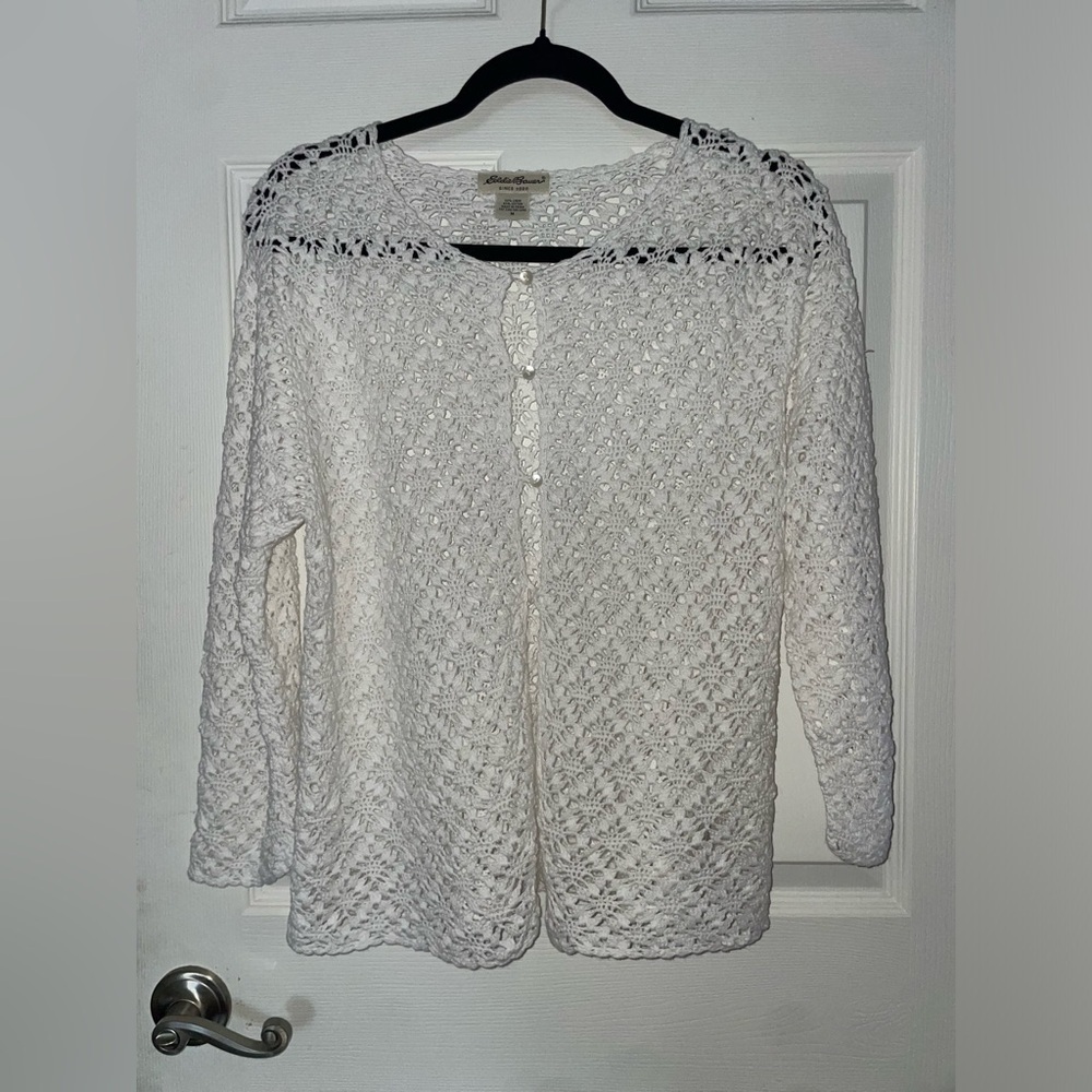 Eddie Bauer White Crochet Knit Cardigan